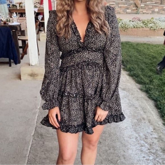 NWT Lulu’s Admire You Black Floral Print Ruffled Long Sleeve Mini Dress - Picture 6 of 9